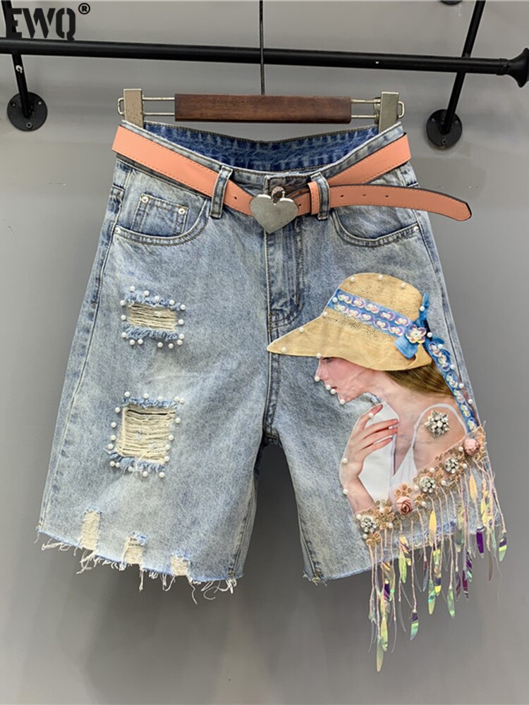 [EWQ] Beauty Map Tassel Sequin Nail Bead Broken Hole Five Point Cowboy Shorts For Women 2022 Summer Female New Cloth